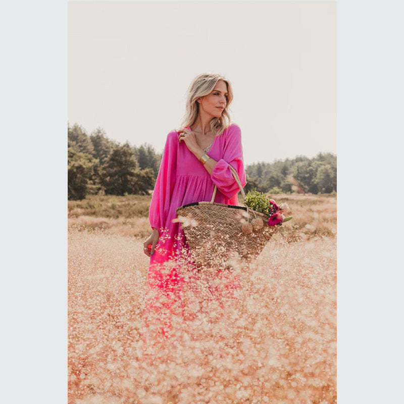 Vestido largo bohemio informal de color liso y manga larga para mujer