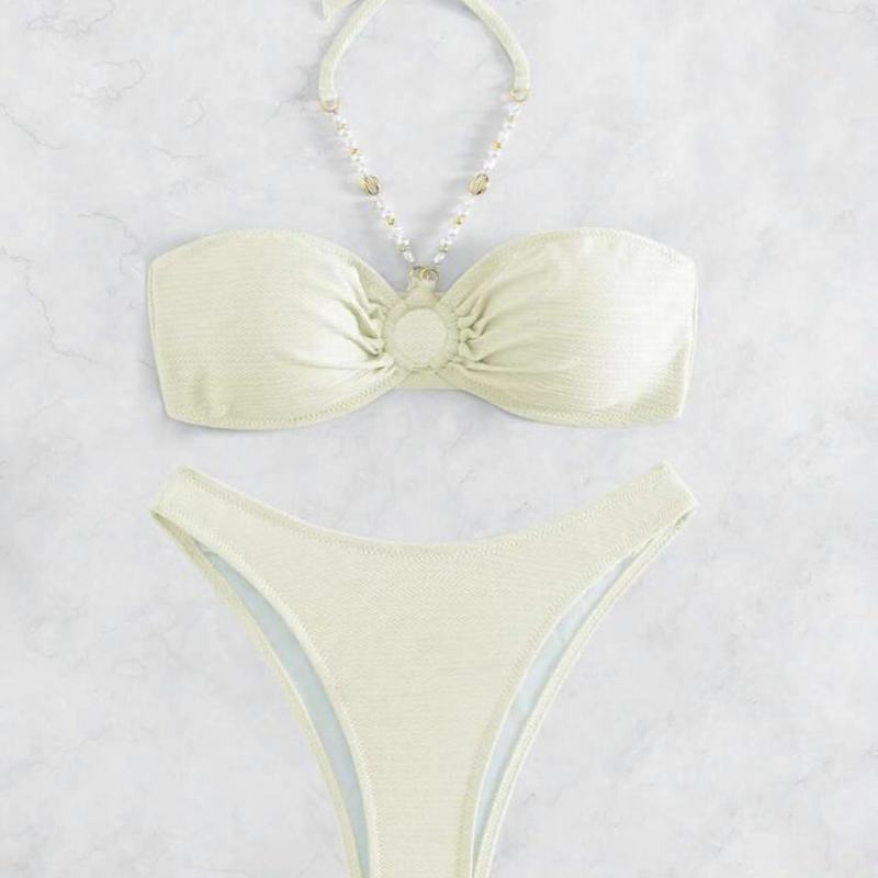 Sexy Women Summer Vacation Pearl Strap Halter Neck Bikini Swimwear Set
