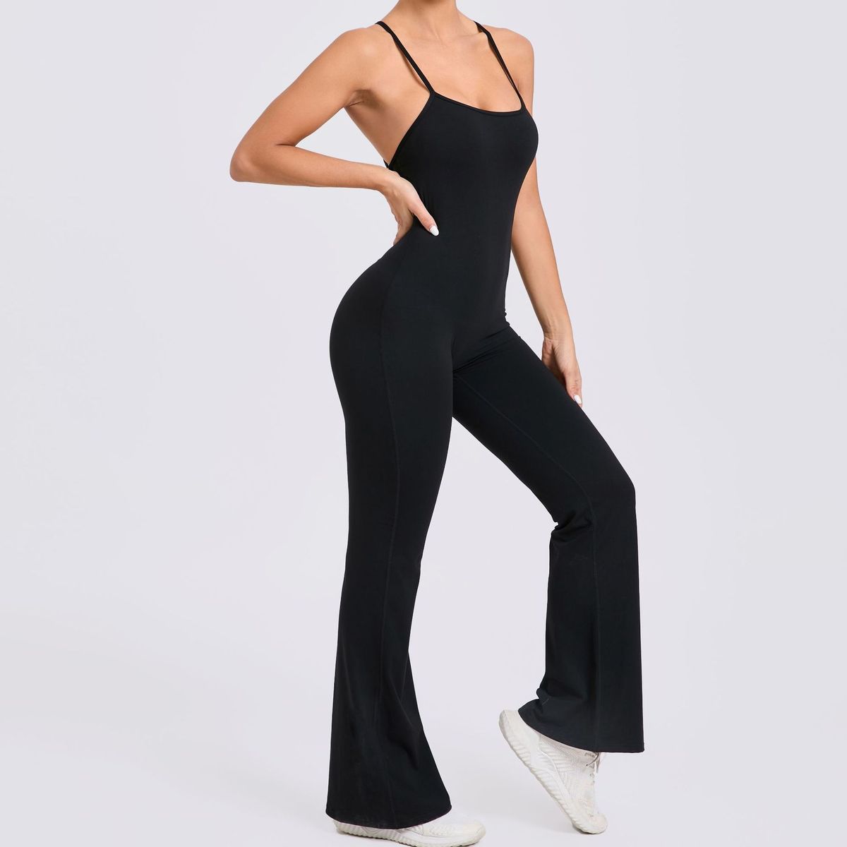 Adjustable Shoulder Strap Flared Yoga Jumpsuits for Women Cotton Blend