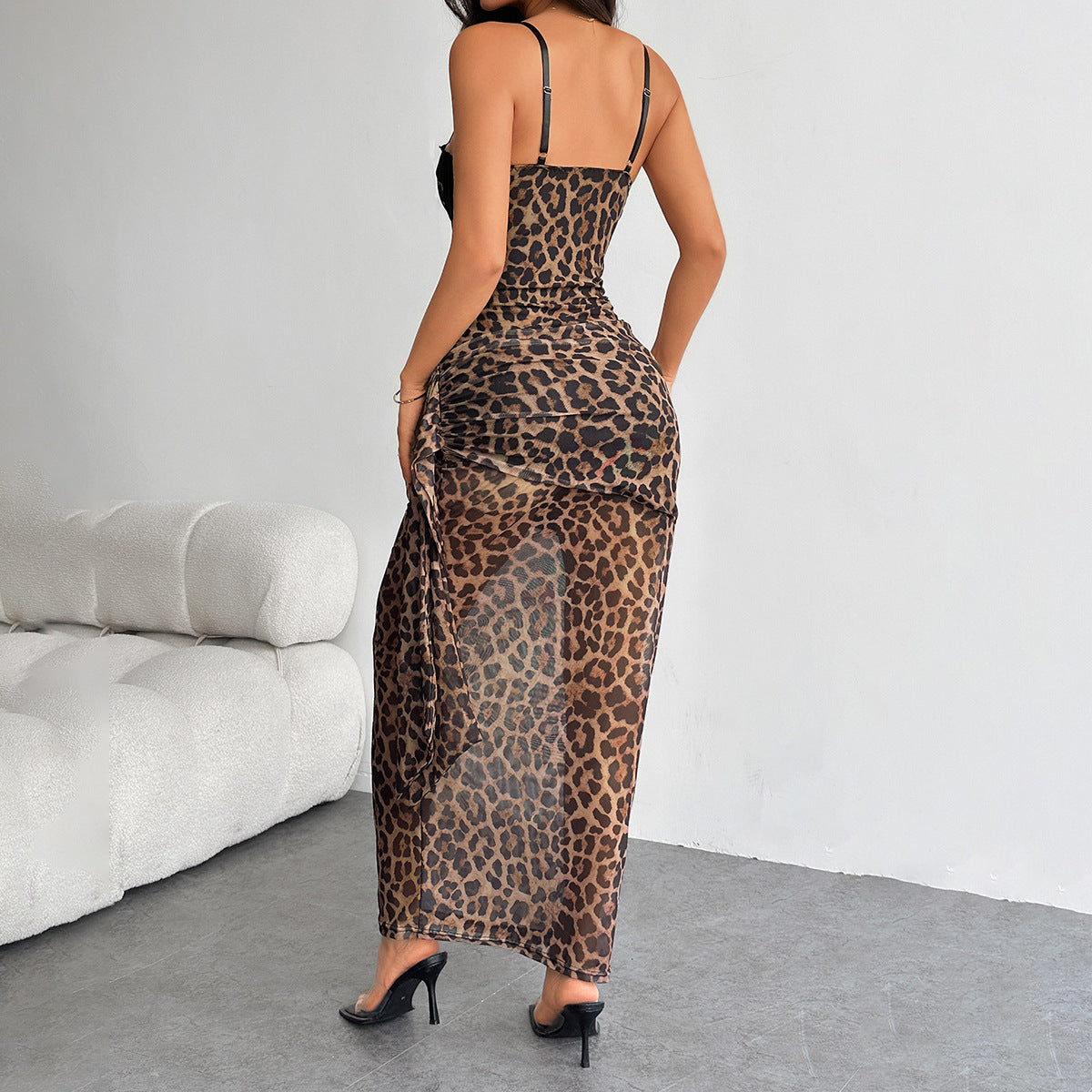 Women Fashion Sexy Leopard Lace Spaghetti Strap Dress