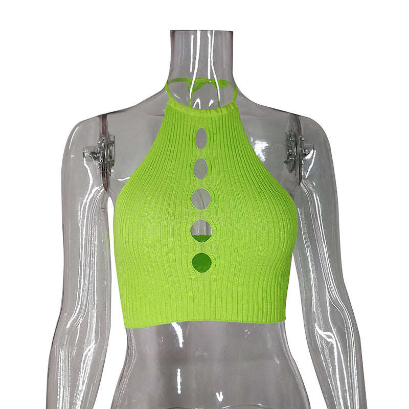 Top de cuello hueco de color sólido de moda para mujer