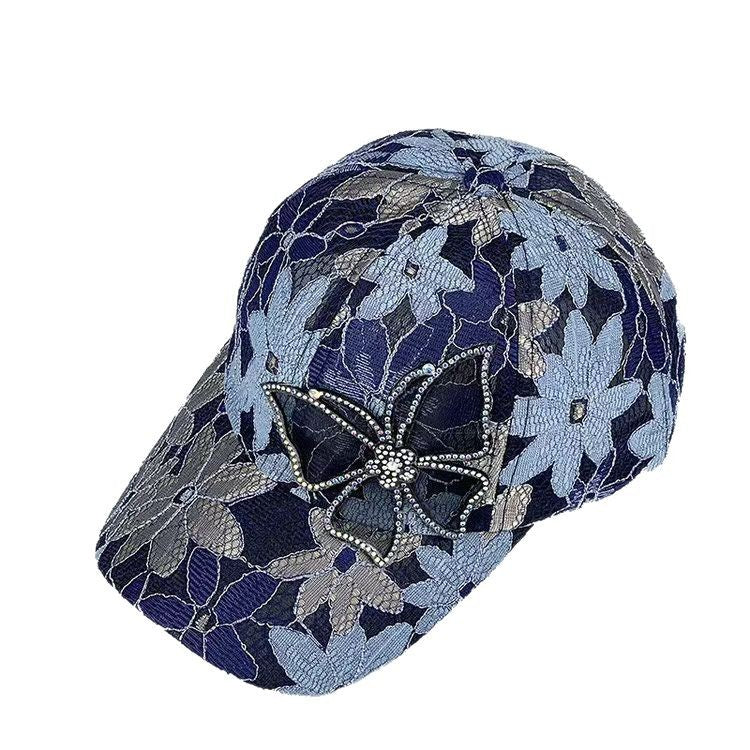 Gorra de béisbol de verano con diamantes de imitación y malla de encaje para mujer