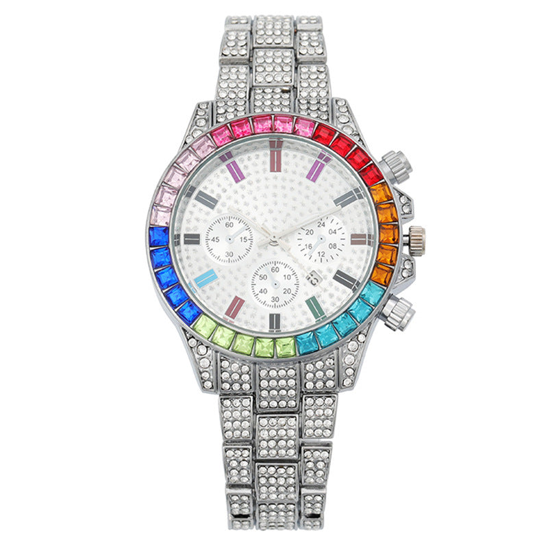 Women Fashion Colored Rhinestone Calendar Watch - Elegant Alloy Strap