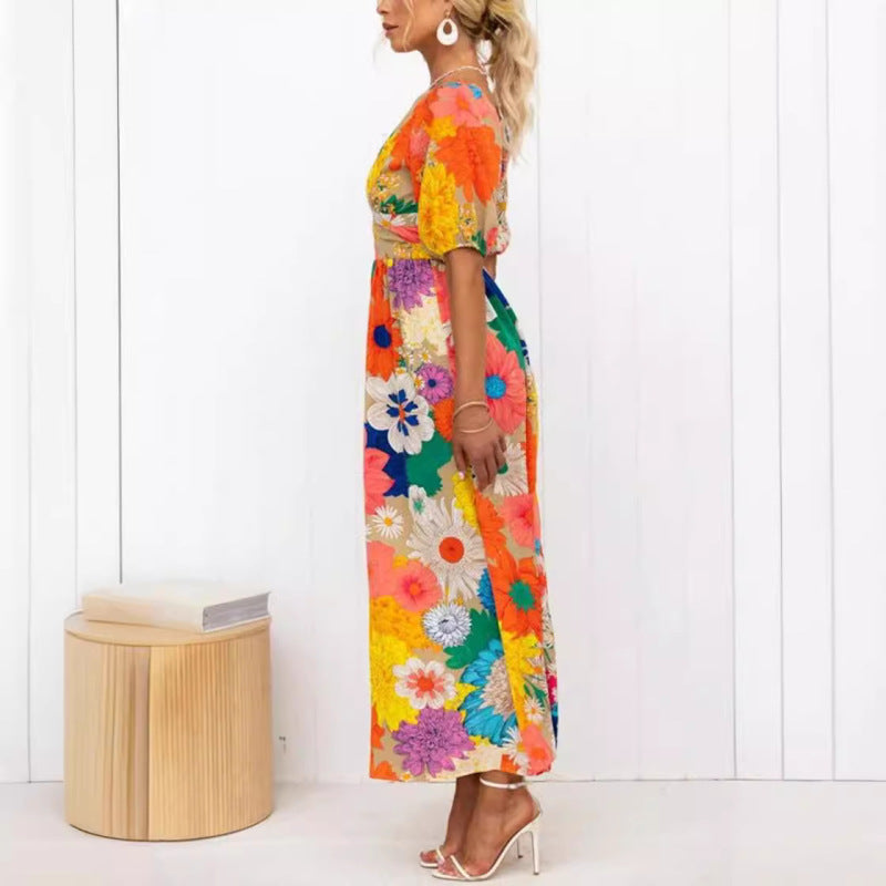 Women Casual Fashion Printed V-Neck Puff Sleeve Maxi Dress