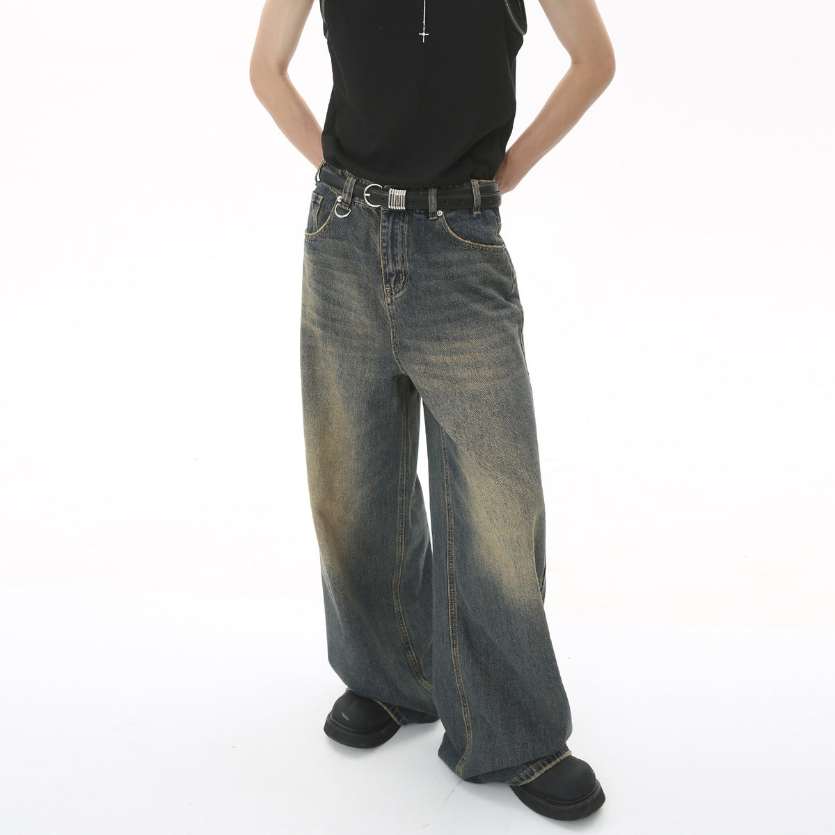 Men's Retro Loose Wide-Leg Jeans Cotton Blend Casual Pants