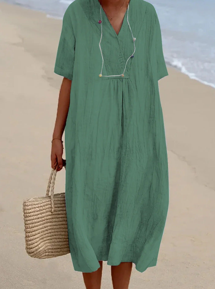 Robe décontractée en coton et lin à col en V et couleur unie pour femme