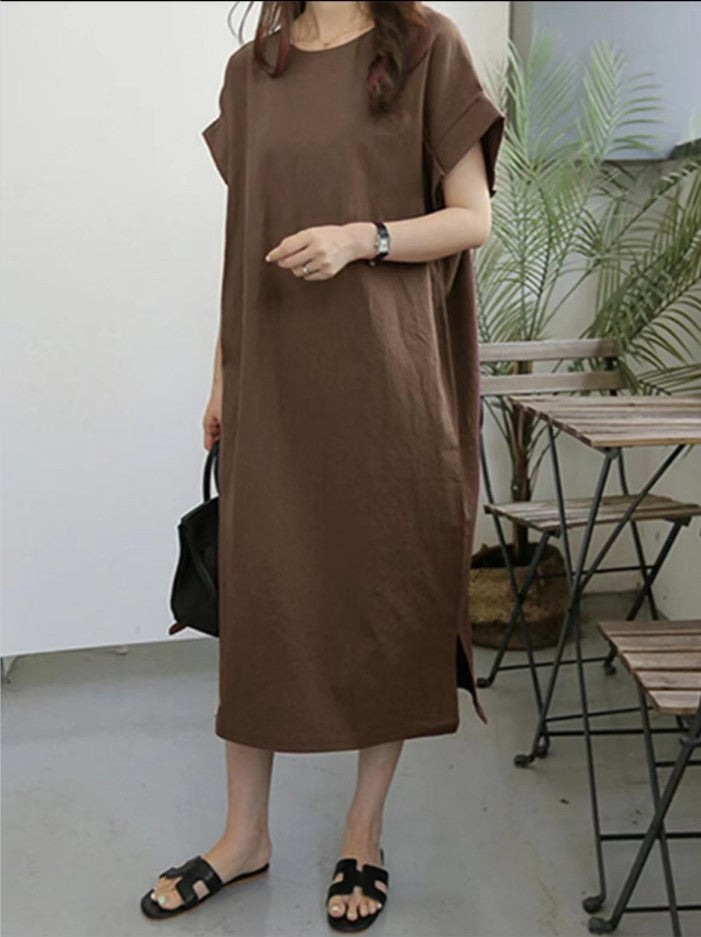 Robe ample décontractée en coton et lin de couleur unie pour femme