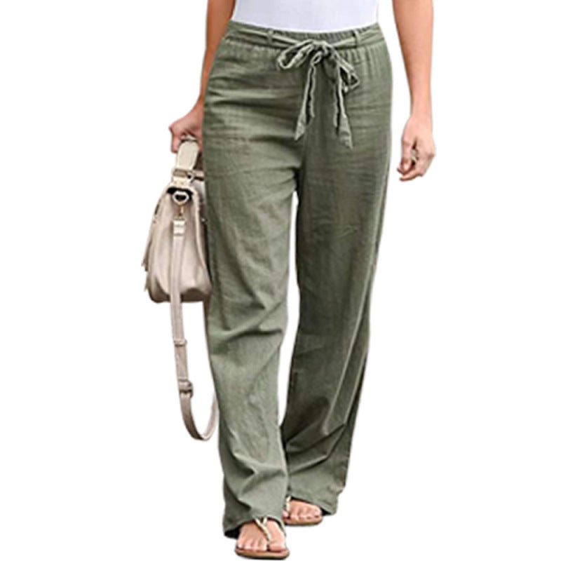 Women Solid Color Linen High Waist Lace Up Wide Leg Pants