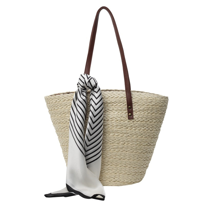 Bolso tote de paja tejida de seda para mujer de verano
