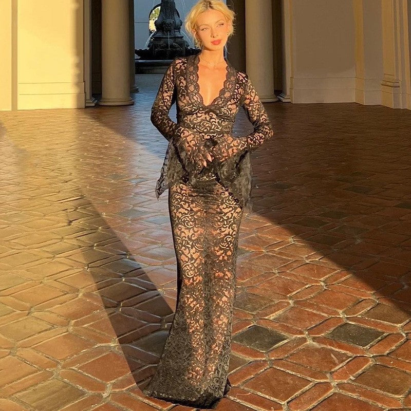Vestido sexy de encaje con escote en V profundo y manga larga para mujer
