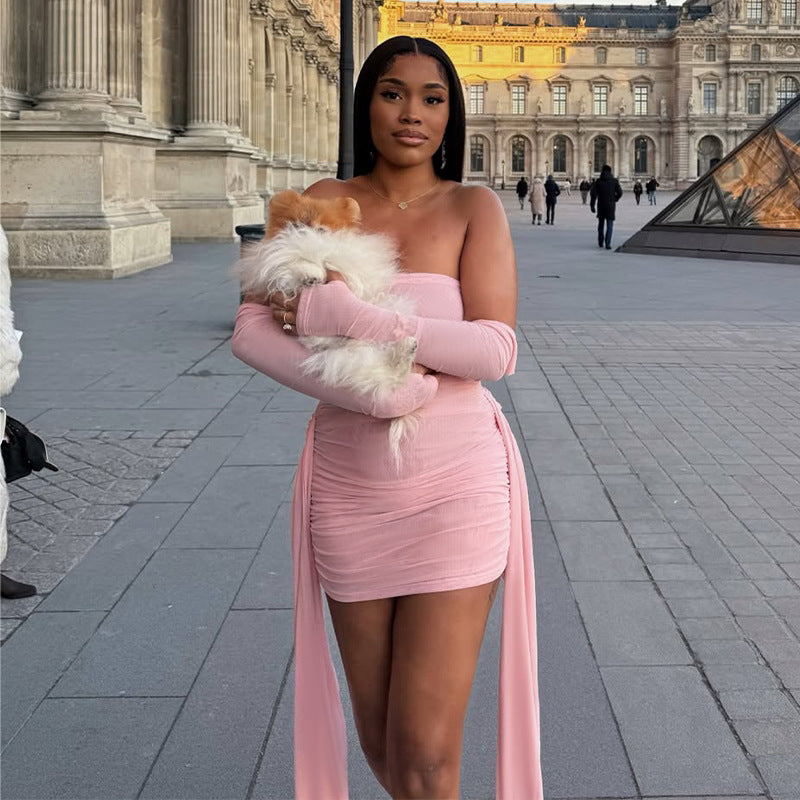 Vestido mini ajustado de tubo con lazo de color liso para mujer sexy