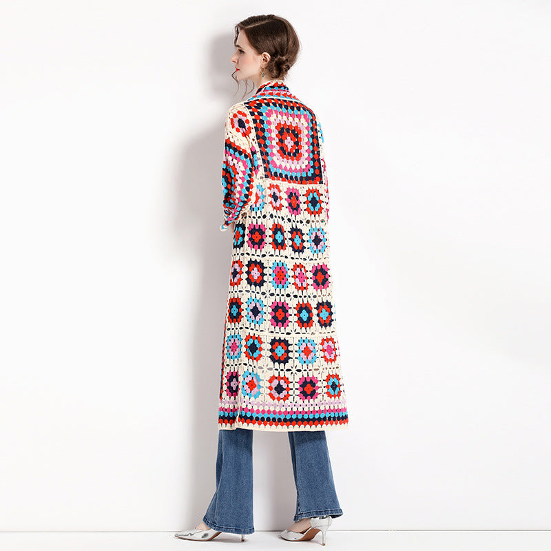 Manteau à manches longues en jacquard style bohème pour femme