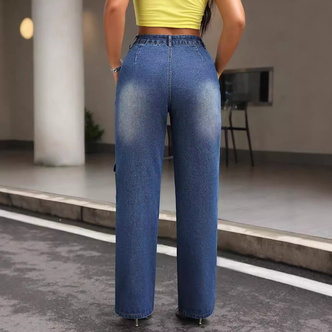 Vaqueros rectos cargo de cintura alta ajustados a la moda para mujer