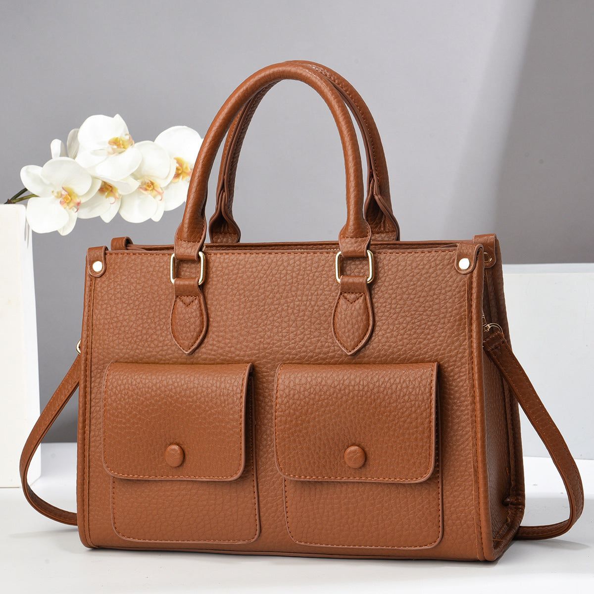 Bolso de mano informal de color liso con doble bolsillo para mujer