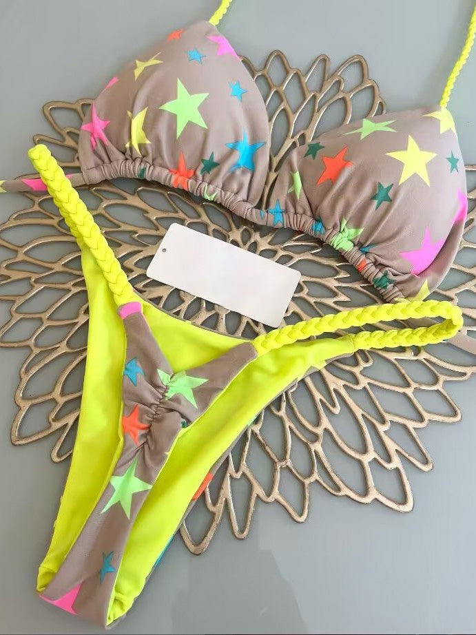 Traje de baño bikini con cordones y estampado multicolor sexy a la moda para mujer