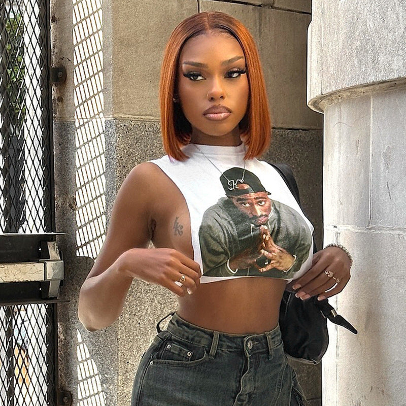 Top corto sin mangas con cuello redondo y estampado 3D sexy para mujer