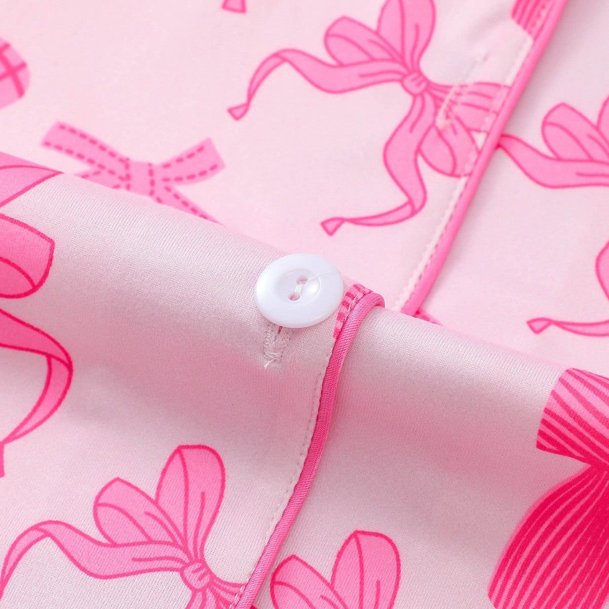 Women Pink Bow Print Lapel Short Sleeve Pajamas