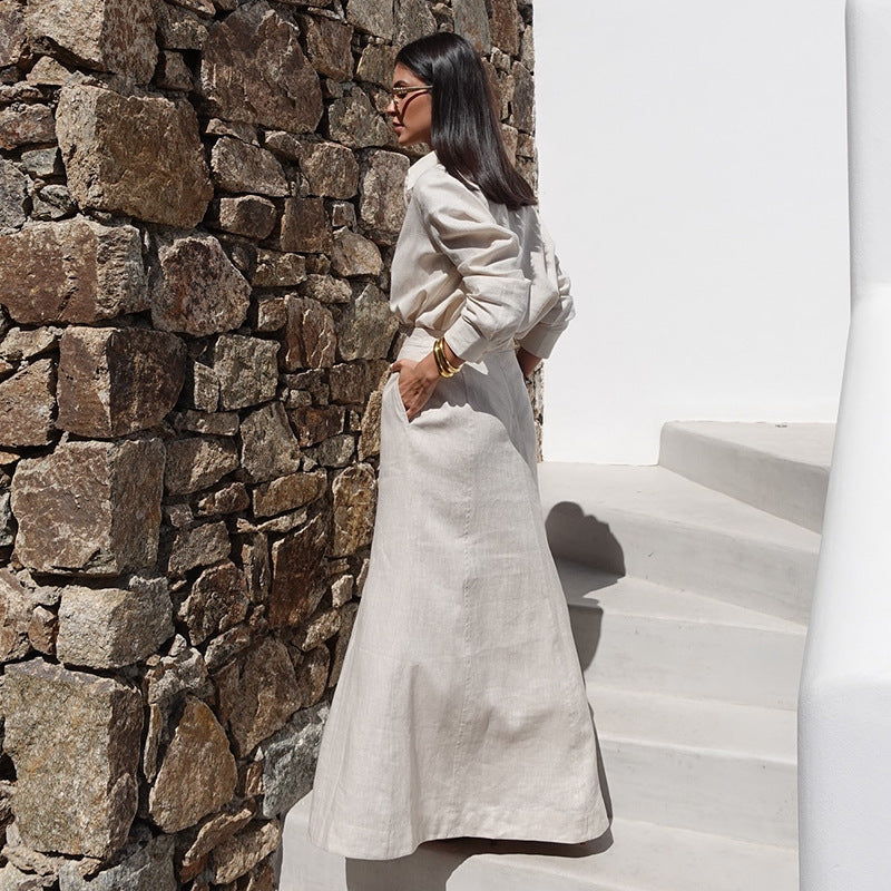 Ensemble élégant chemisier à manches longues et jupe en polyester pour femme, couleur unie