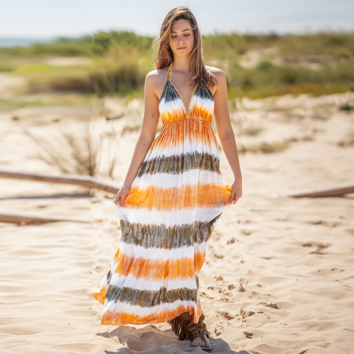 Vestido largo bohemio informal con espalda halter y estampado tie-dye para mujer