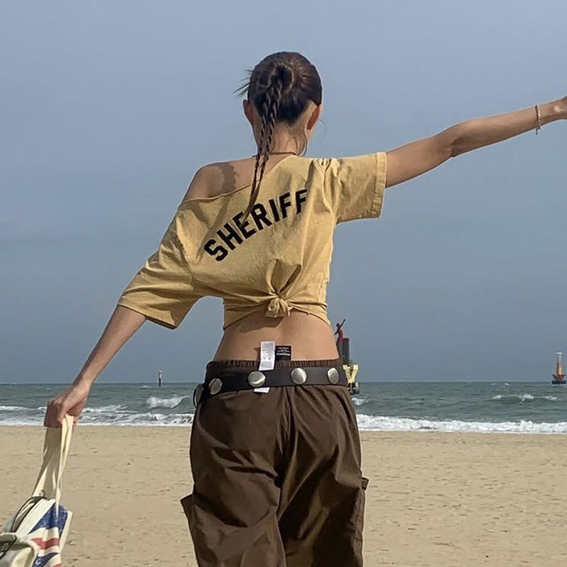 Camiseta de algodón con estampado de letras de moda urbana de verano para mujer