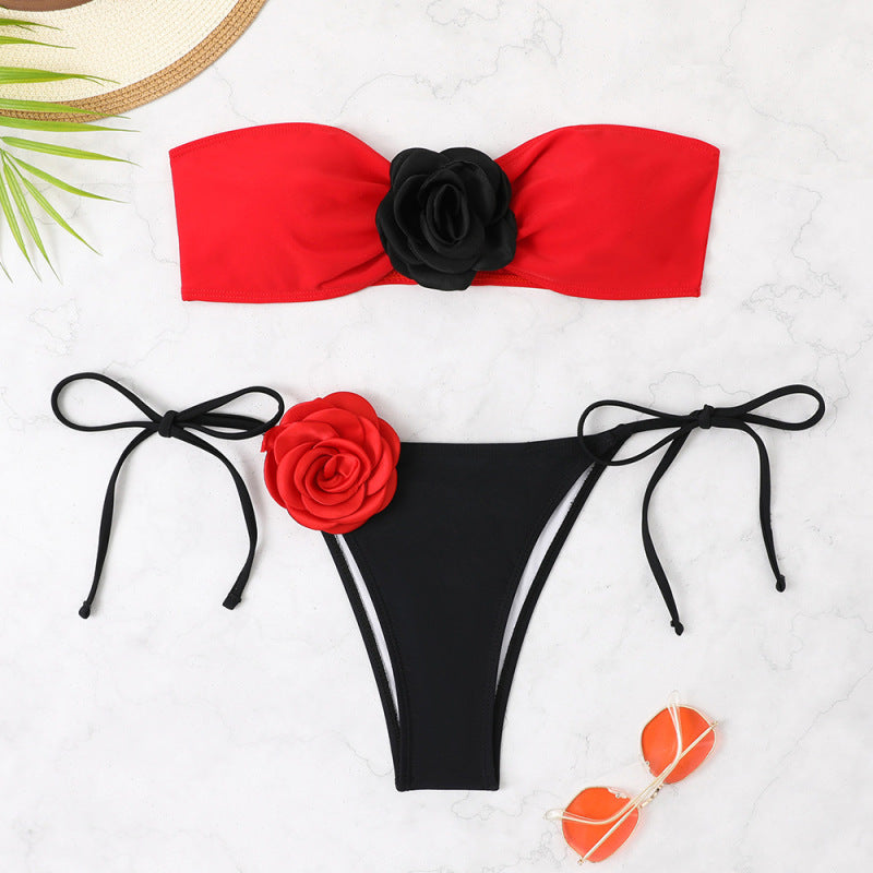 Bikini de verano con estampado floral y bloques de color para mujer