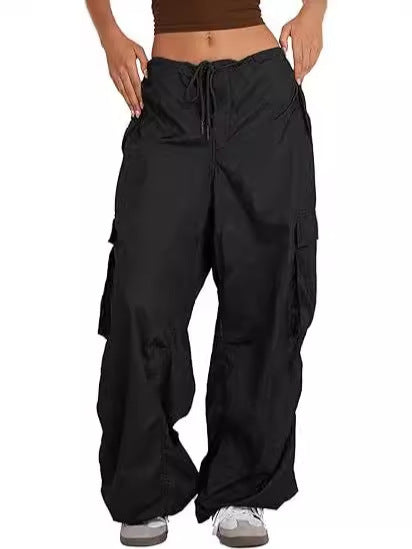 Pantalones casuales de color sólido con bolsillos y cordón para mujer