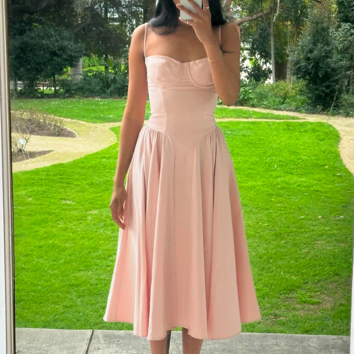 Women V-Neck Spaghetti Strap Backless Dress Solid Color Short Skirt