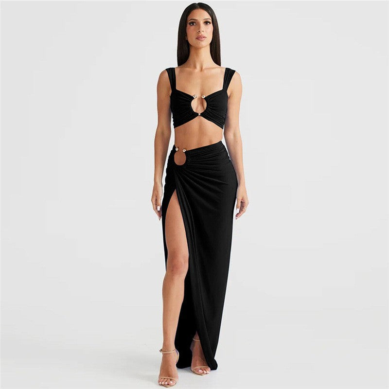 Women Sexy Crop Top Side-Slit Skirt Set