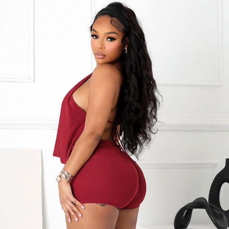 Women Fashion Halter Neck Backless Tank Top and Tight Shorts Two-Piece Set