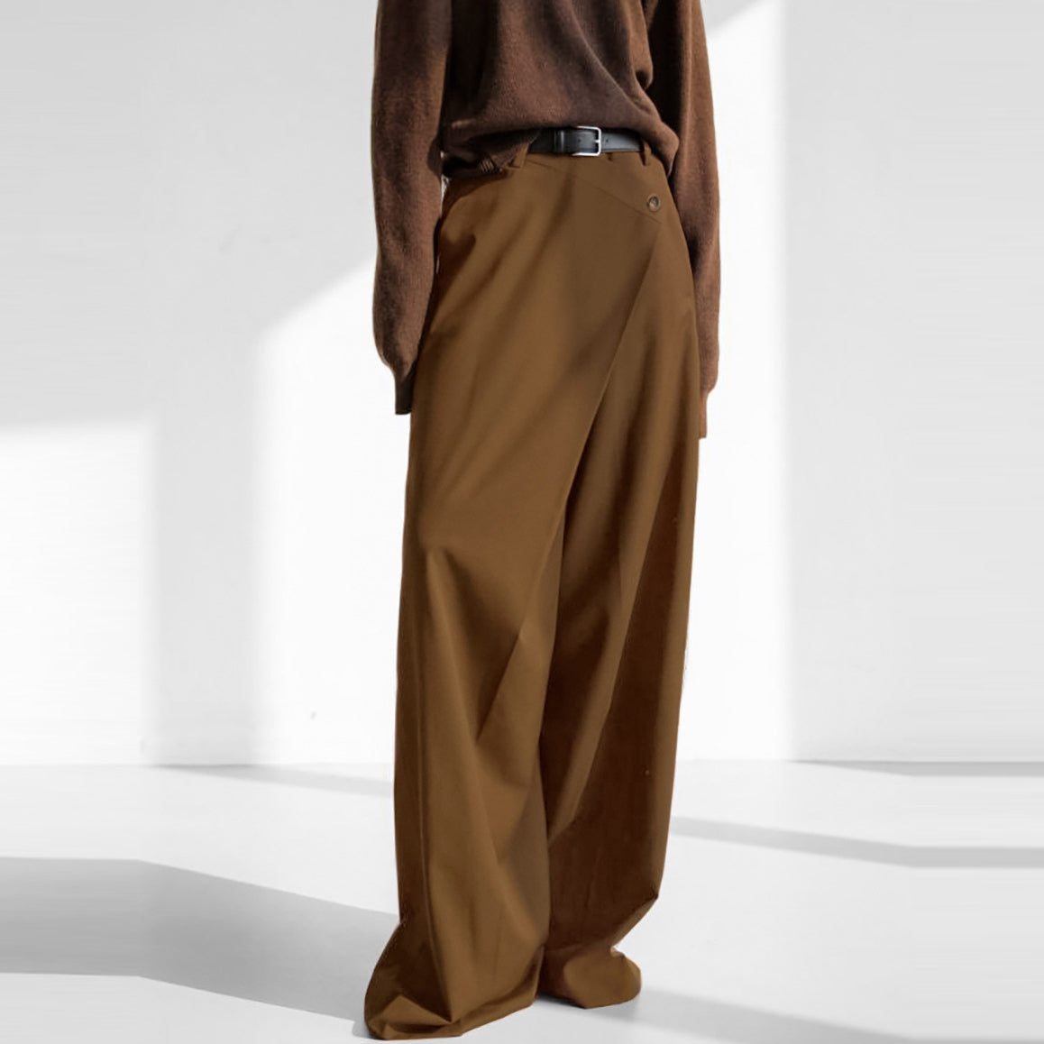 Pantalones casuales de cintura alta y pierna ancha para mujer en poliéster