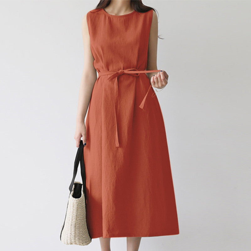 Women Casual Fashion Loose Bohemian Sleeveless Belt Round Neck Dress