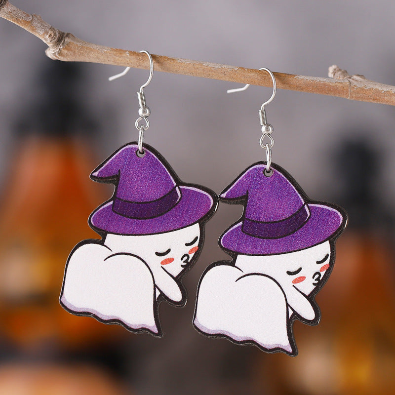 Halloween Women Double-Sided Wooden Earrings with Cartoon Creatures