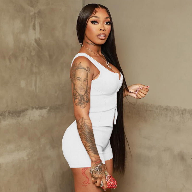 Women Fashion Sleeveless Zipper Tank Top and Tight Shorts Two-Piece Set