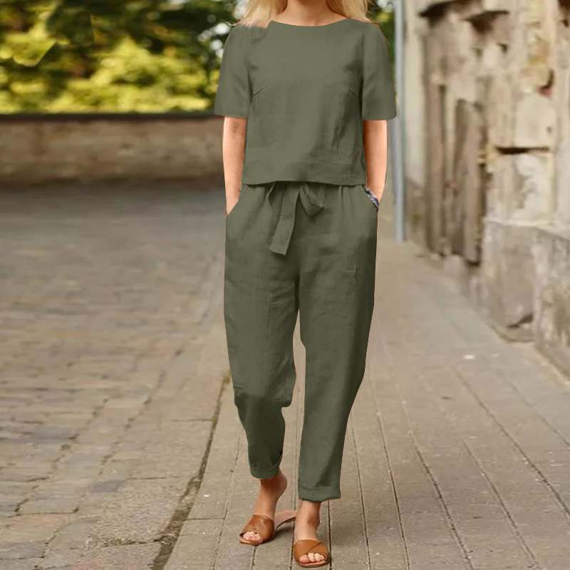 Women Casual Solid Color Cotton And Linen Pants Set