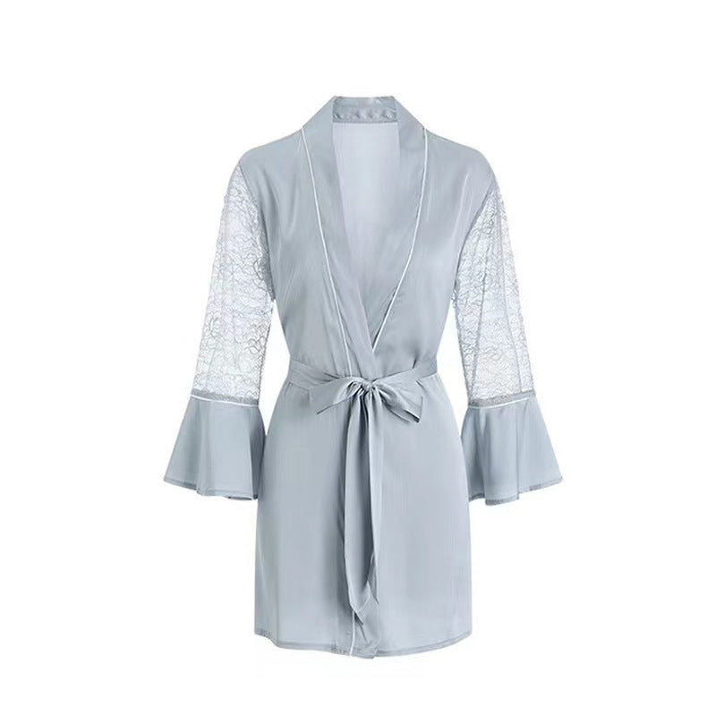 Elegant Lace Splicing V-Neck Long-Sleeve Dress Pajamas