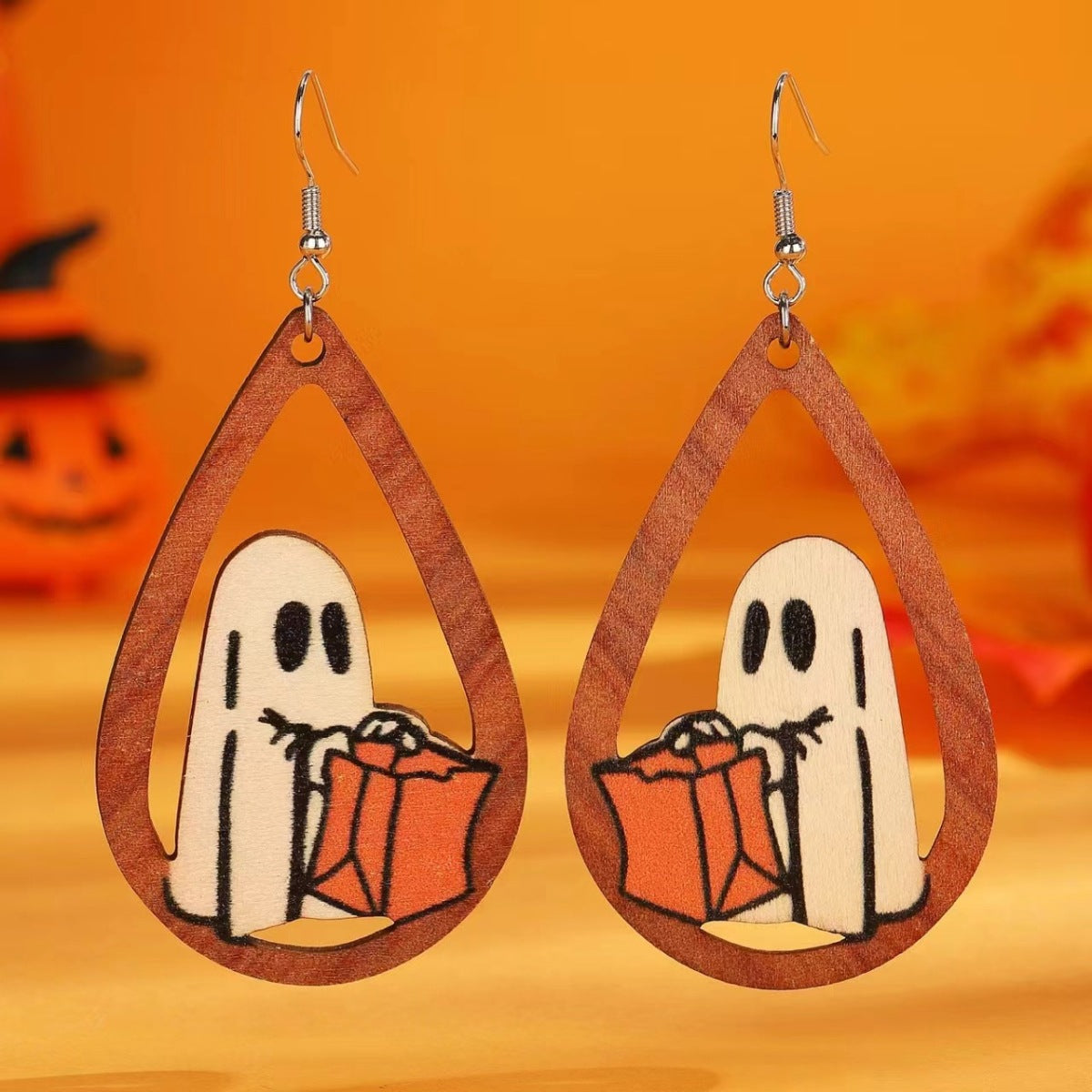 Halloween Women Cartoon Gothic Black Cat Ghost Pumpkin Wooden Earrings