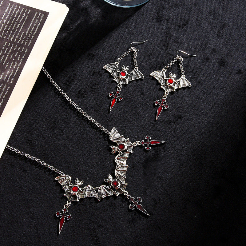 Conjunto de joyas de cruz de murciélago gótica oscura para mujer de Halloween