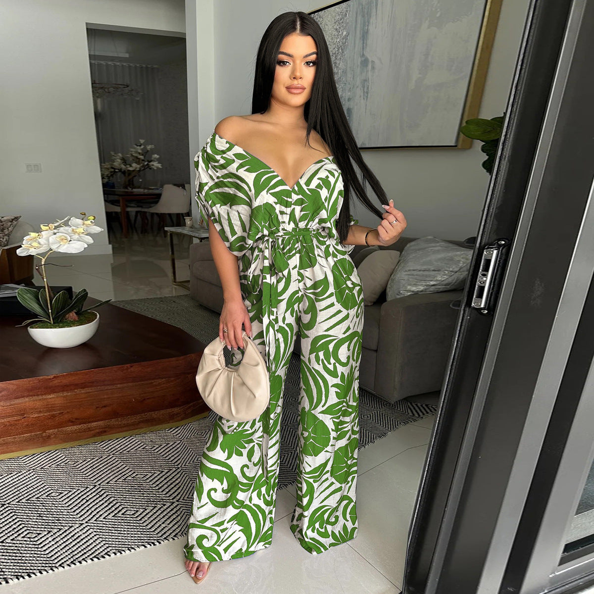 Women Fashion Casual Printed Bat Sleeve Backless Wide-Leg Jumpsuit