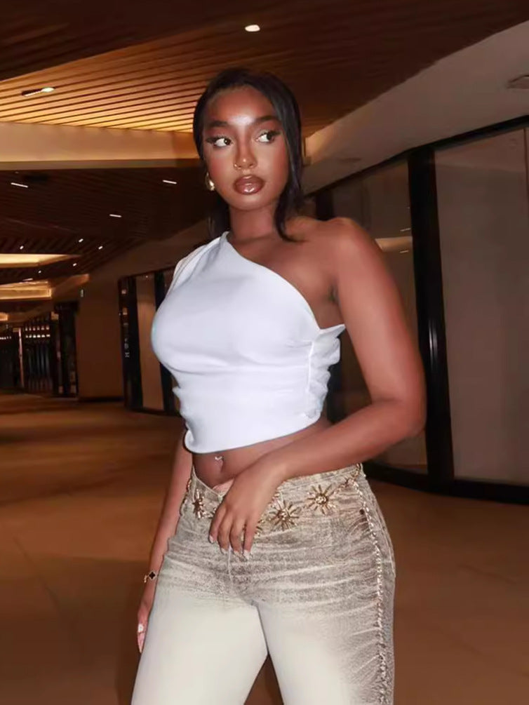Women Fashion Sexy Solid Color Single Shoulder Crop Top