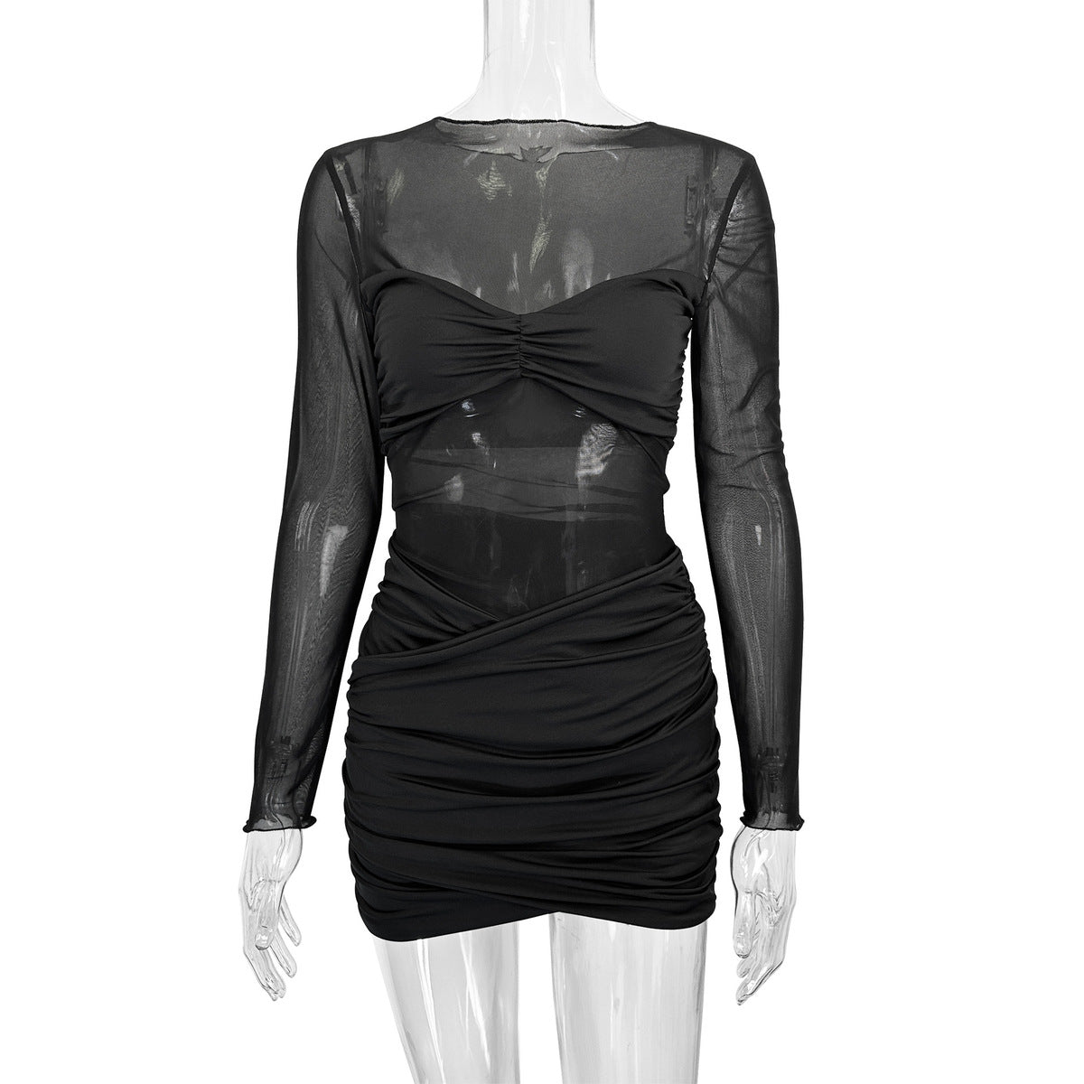 Vestido ajustado de manga larga con costuras en perspectiva de malla para mujer