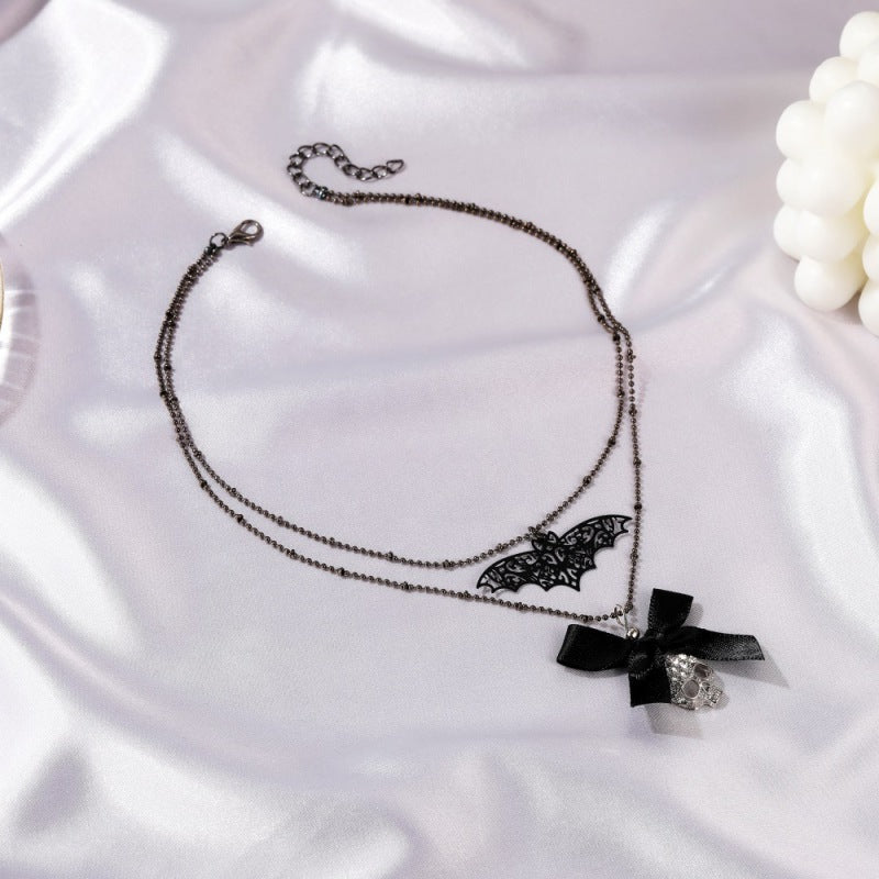 Collar retro de Halloween con lazo y calavera de murciélago para mujer