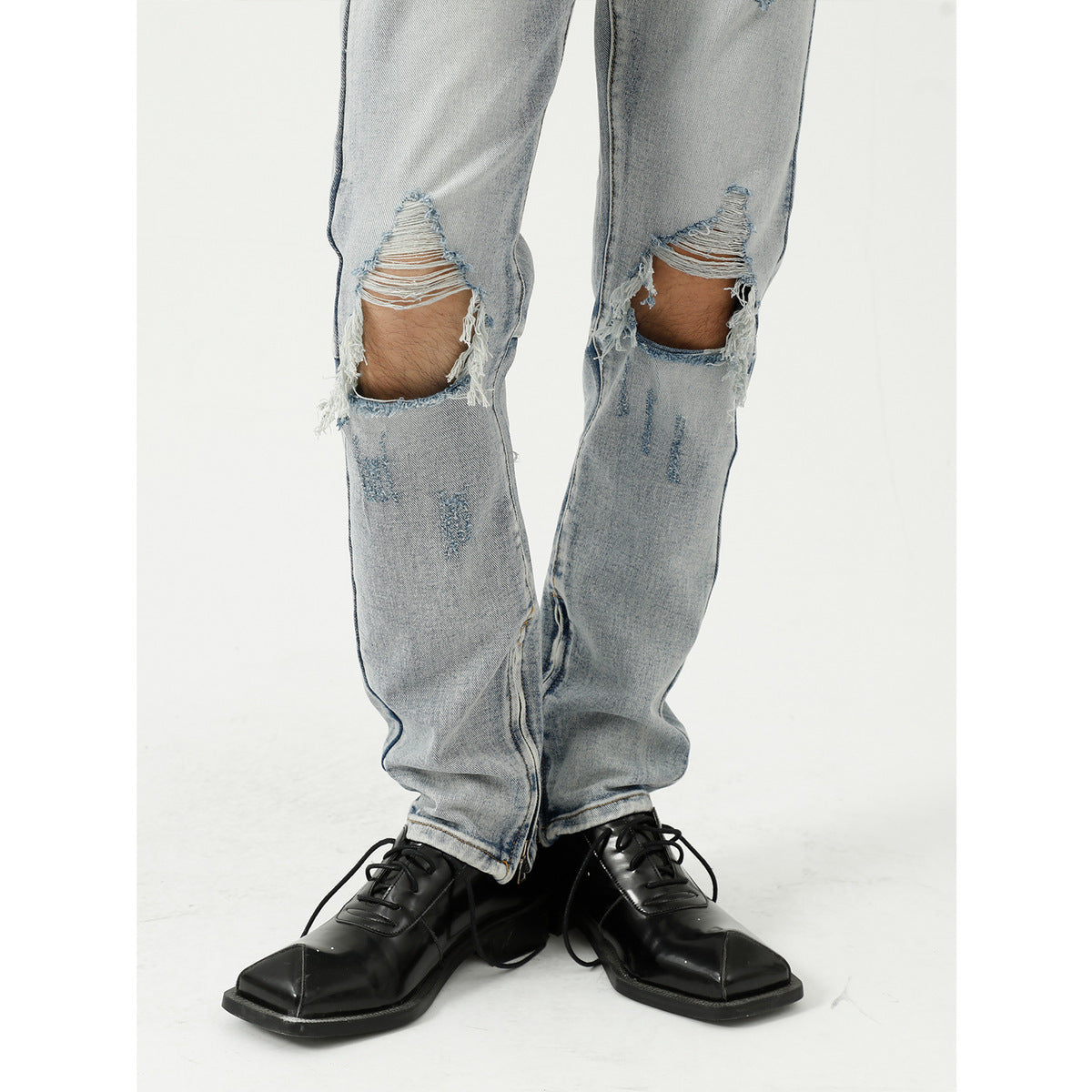 Jean déchiré tendance pour homme en mélange de coton bleu clair