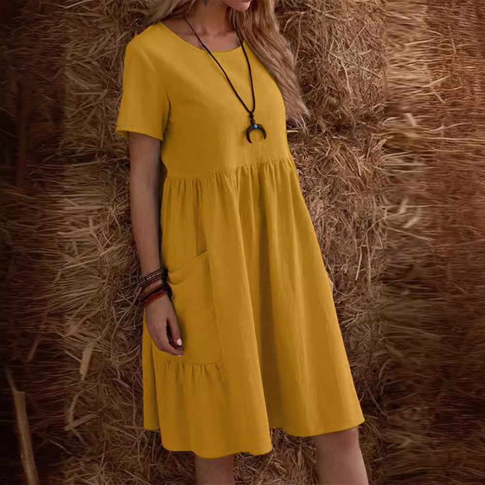 Vestido informal holgado de lino y algodón con cuello redondo para mujer