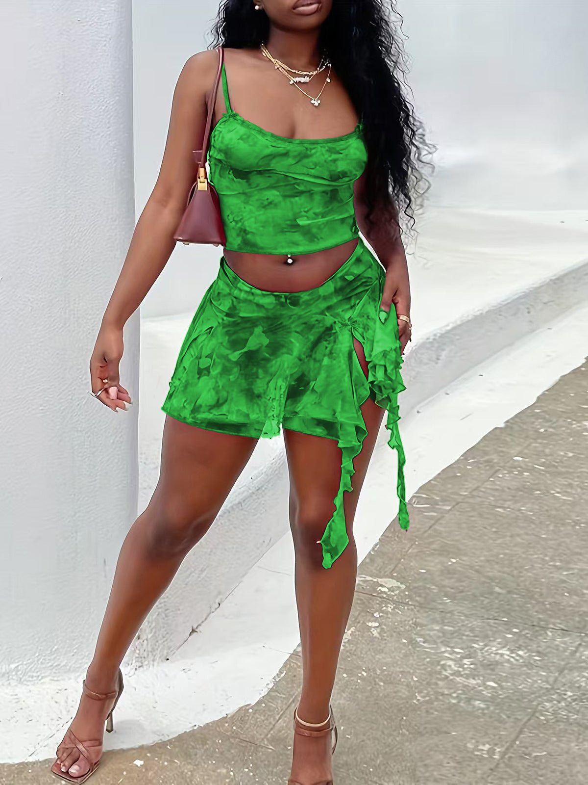 Women Fashion Sexy Tie-Dye Mesh Camisole Skirt Set