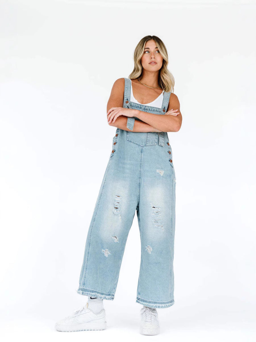 Women Casual Ripped Denim Jumpsuit with Wide Leg Style