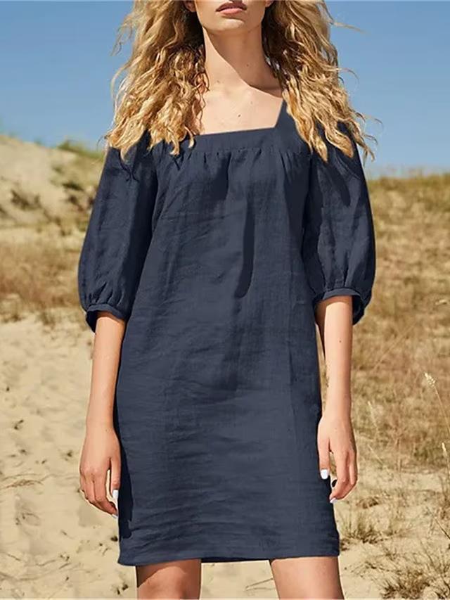 Women Fashion Casual Square Collar Puff Sleeve Dress