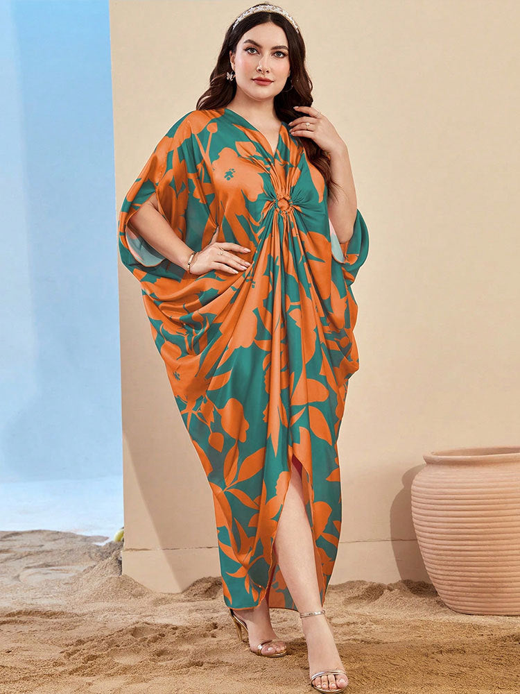 Elegant Print V-Neck Pleated Loose Dress