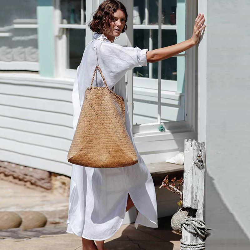 Vestido playero informal de manga larga con solapa para mujer