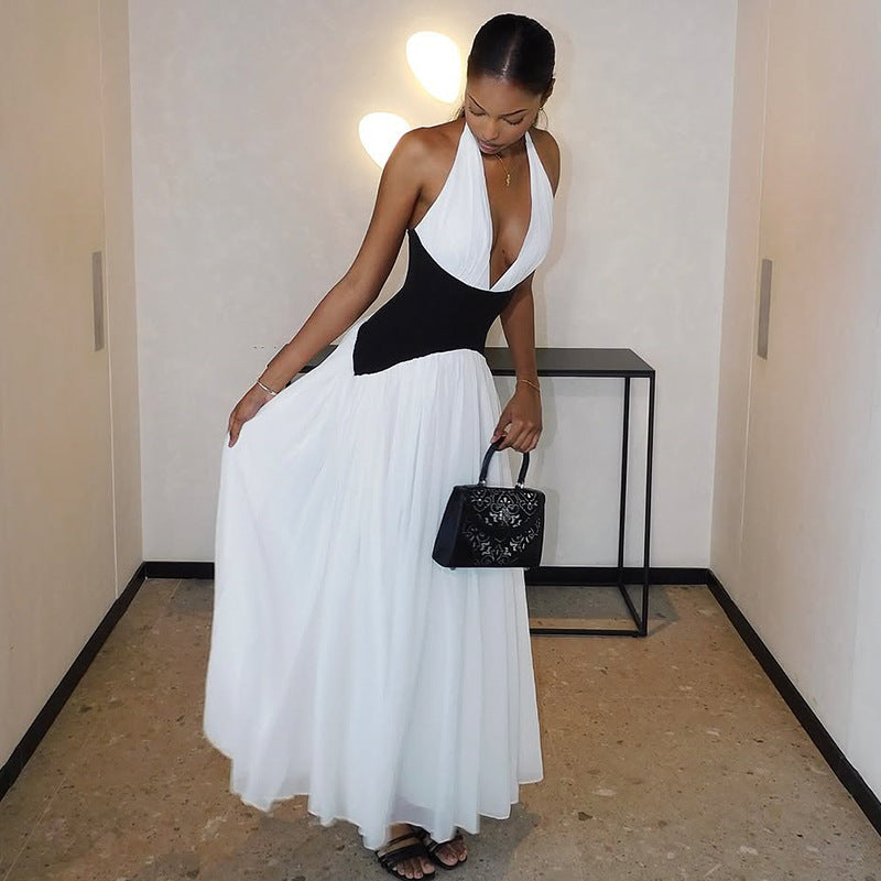 Women Fashion Black White Stitching Halter Maxi Dress