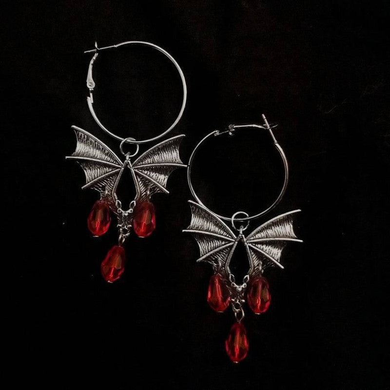 Halloween Gothic Red Vampire Bat Glass Crystal Earrings